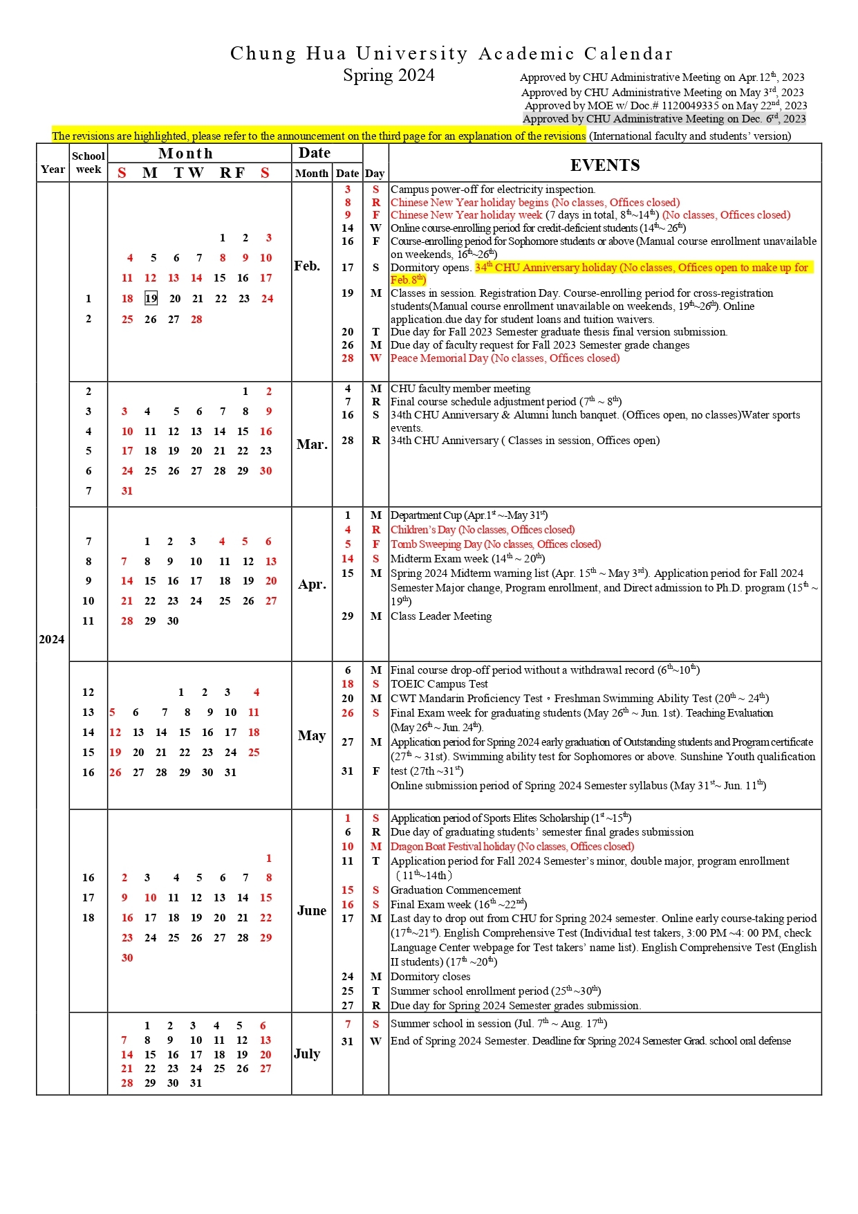 Chung Hua University Academic Calendar Fall 2023