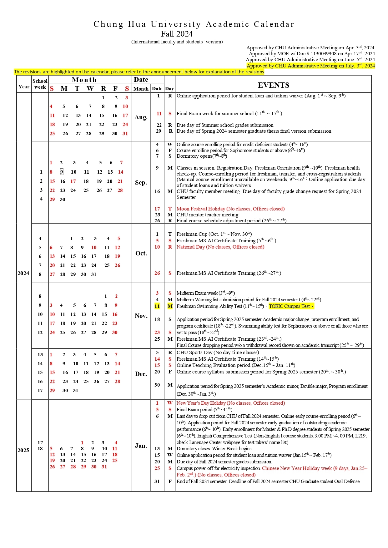 Chung Hua University Academic Calendar Fall 2024