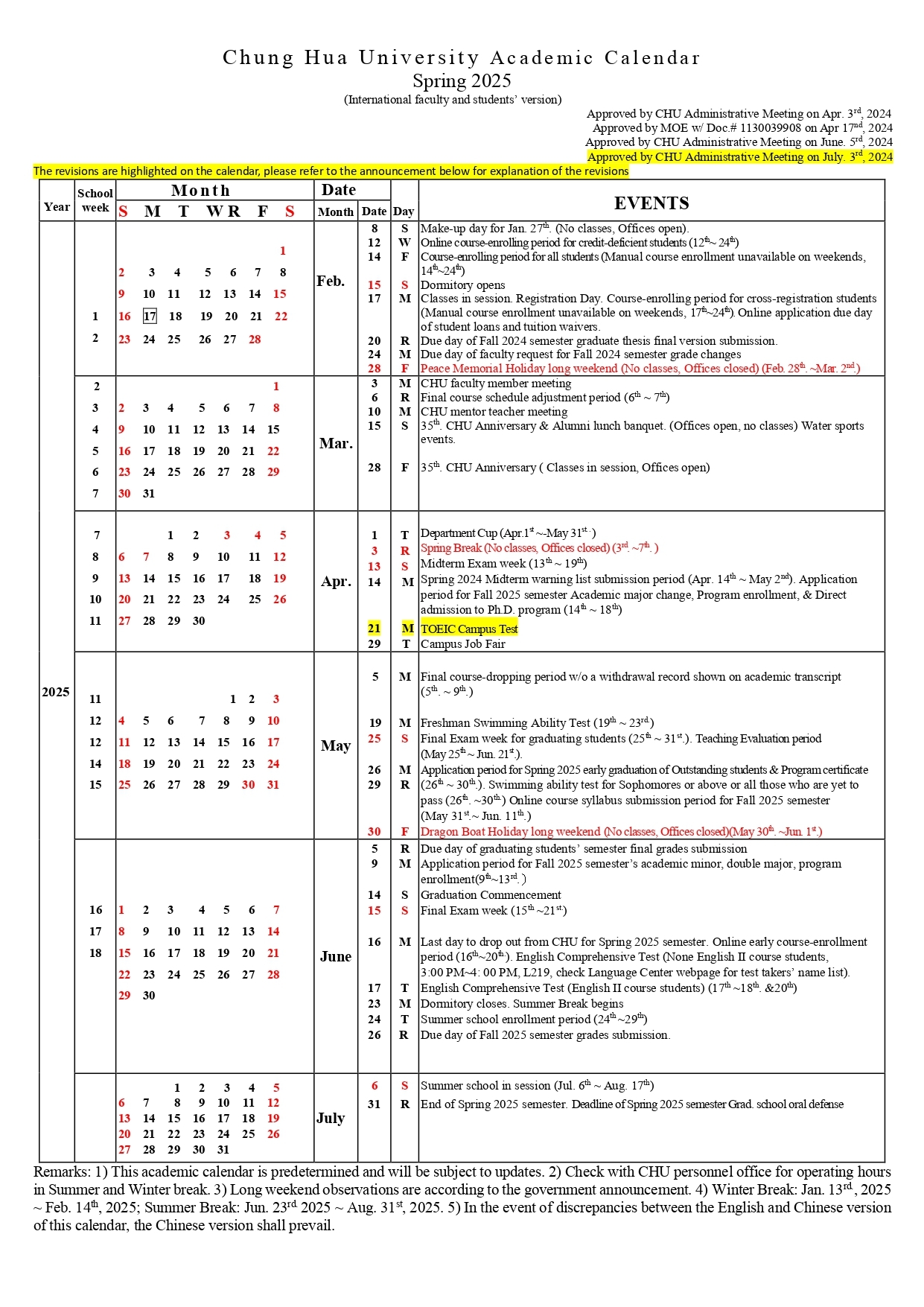 Chung Hua University Academic Calendar Fall 2024