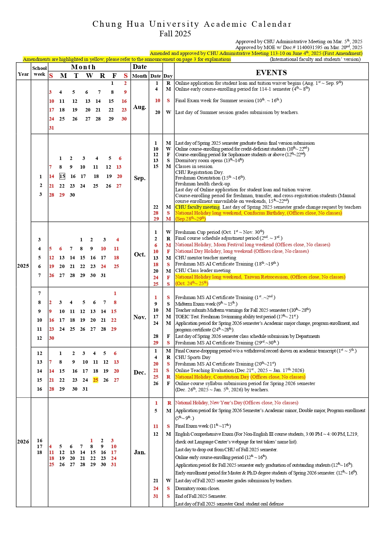 Chung Hua University Academic Calendar Fall 2025
