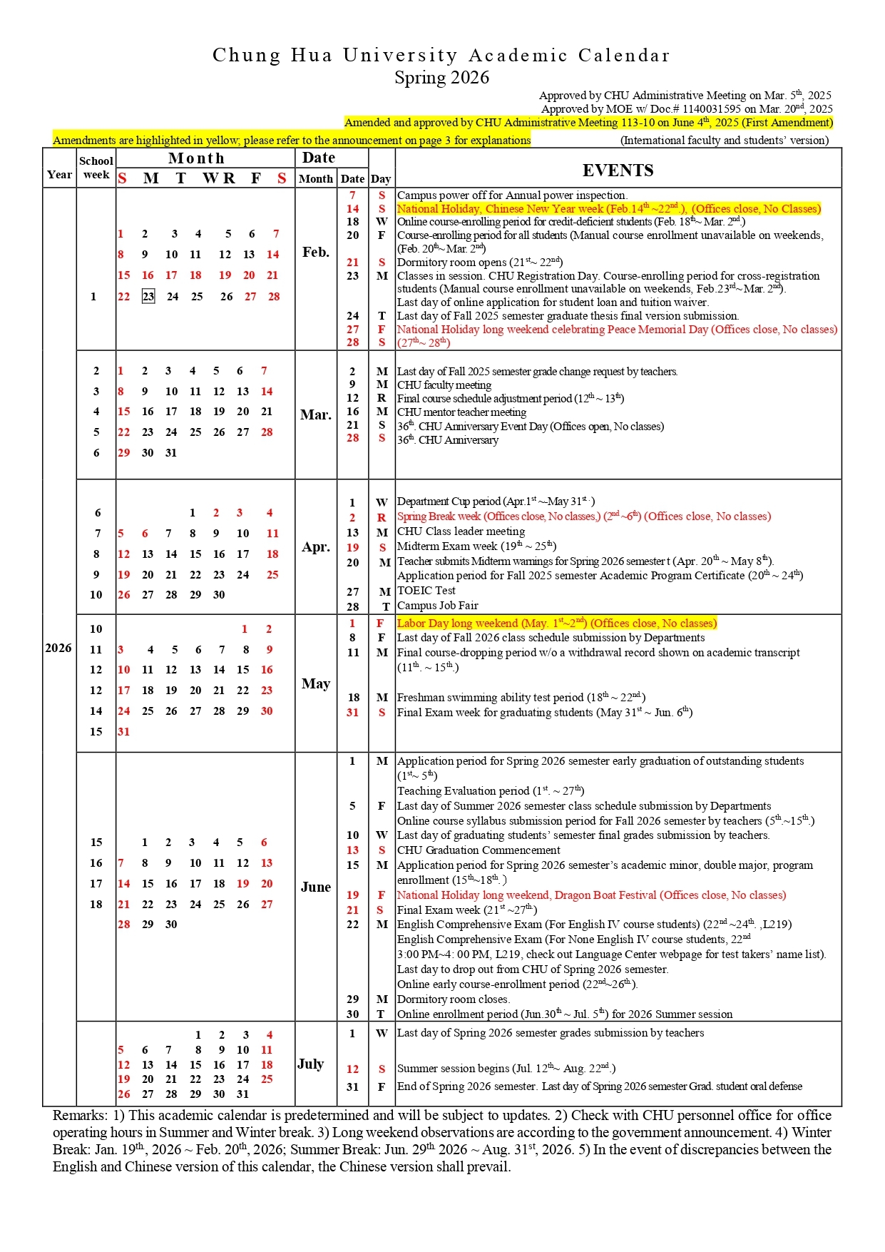 Chung Hua University Academic Calendar Fall 2025