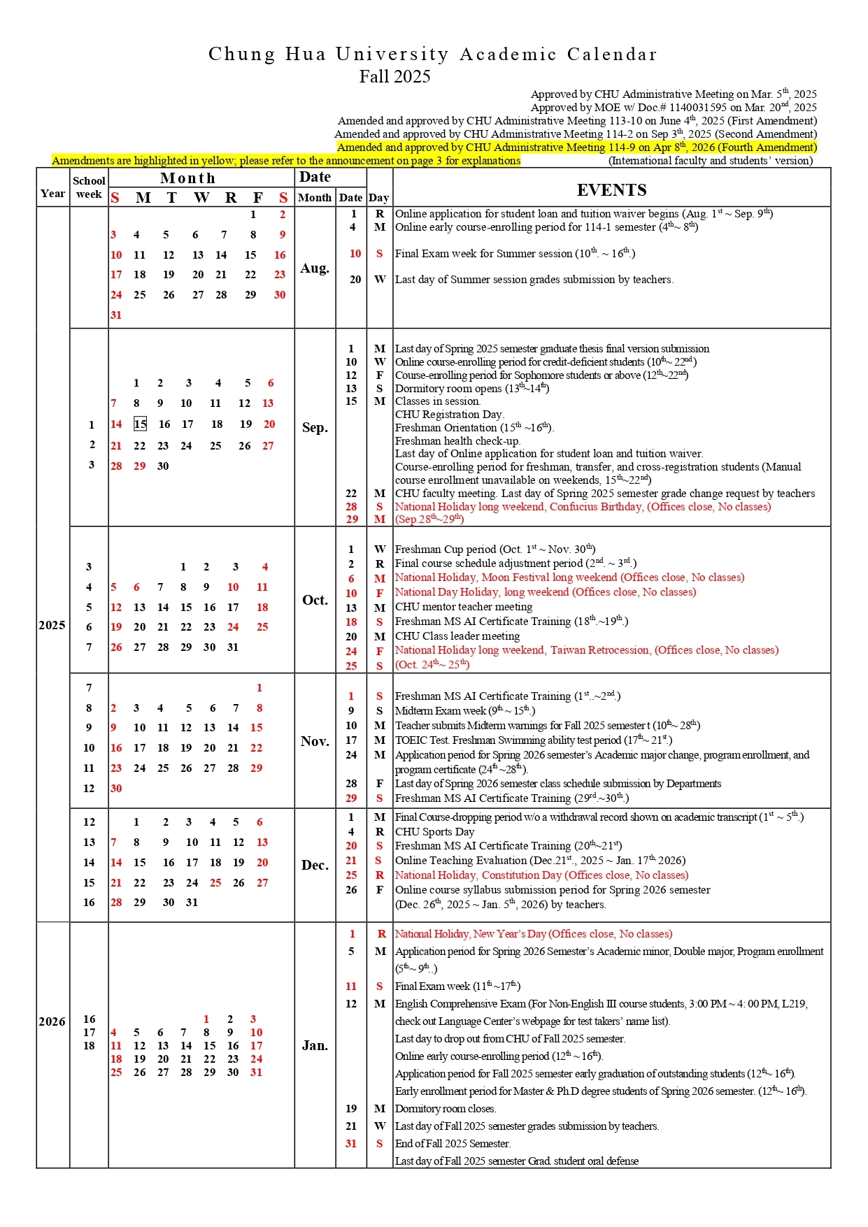 Chung Hua University Academic Calendar Fall 2025