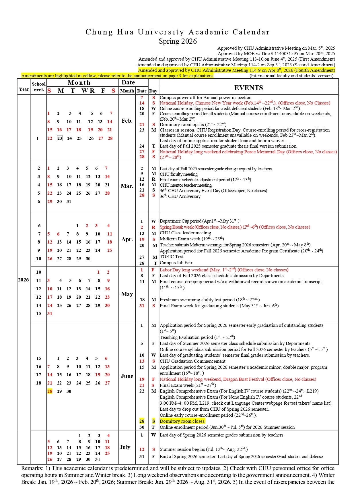 Chung Hua University Academic Calendar Fall 2025