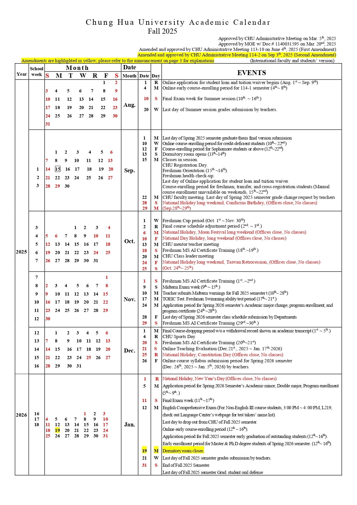 Chung Hua University Academic Calendar Fall 2025