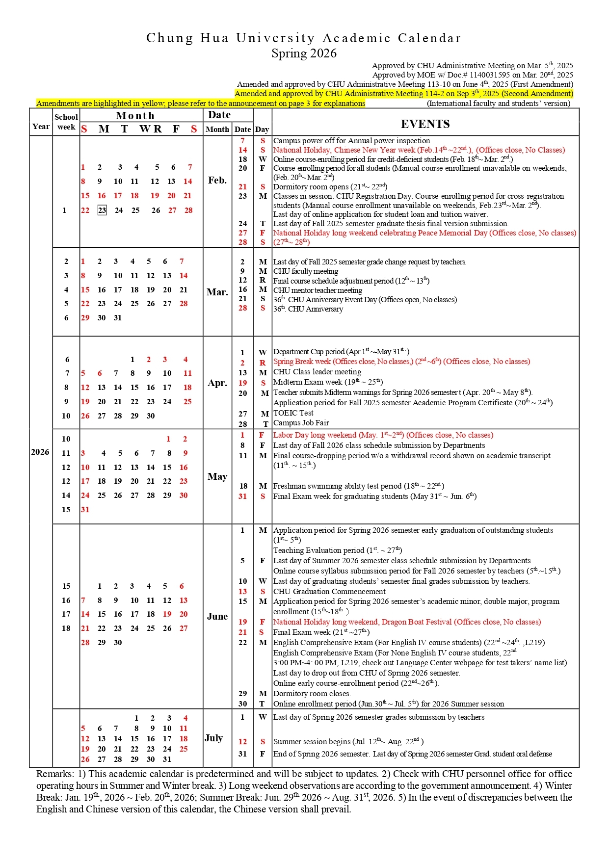 Chung Hua University Academic Calendar Fall 2025
