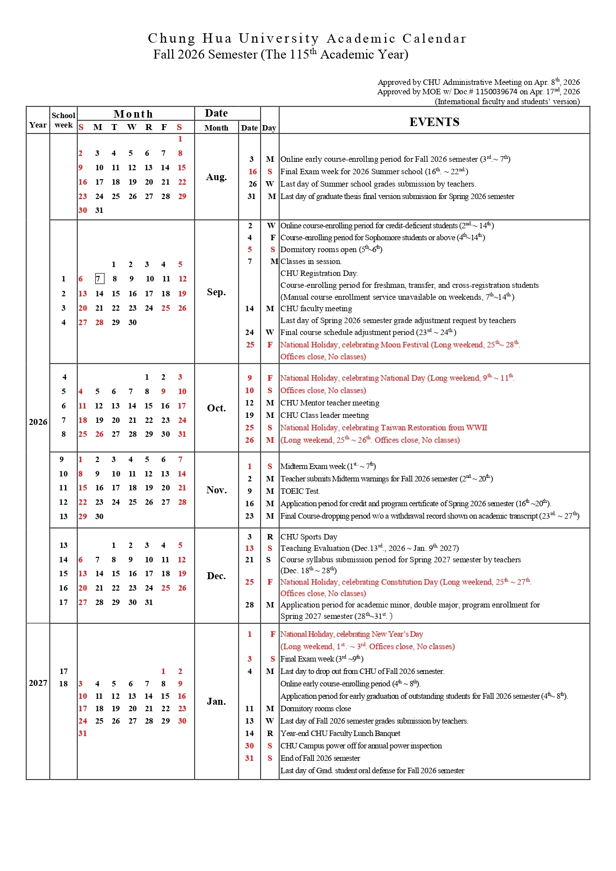 Chung Hua University Academic Calendar Fall 2026