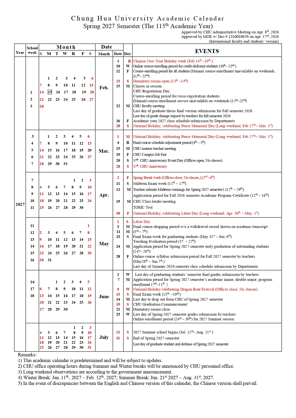 Chung Hua University Academic Calendar Spring 2026
