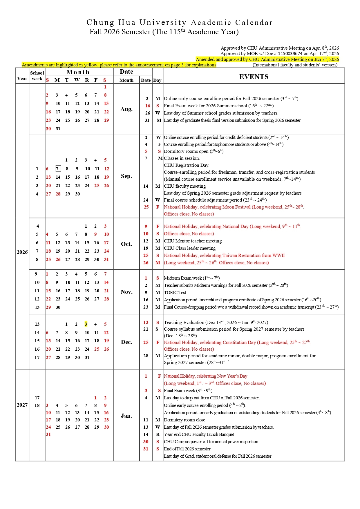 Chung Hua University Academic Calendar Fall 2026