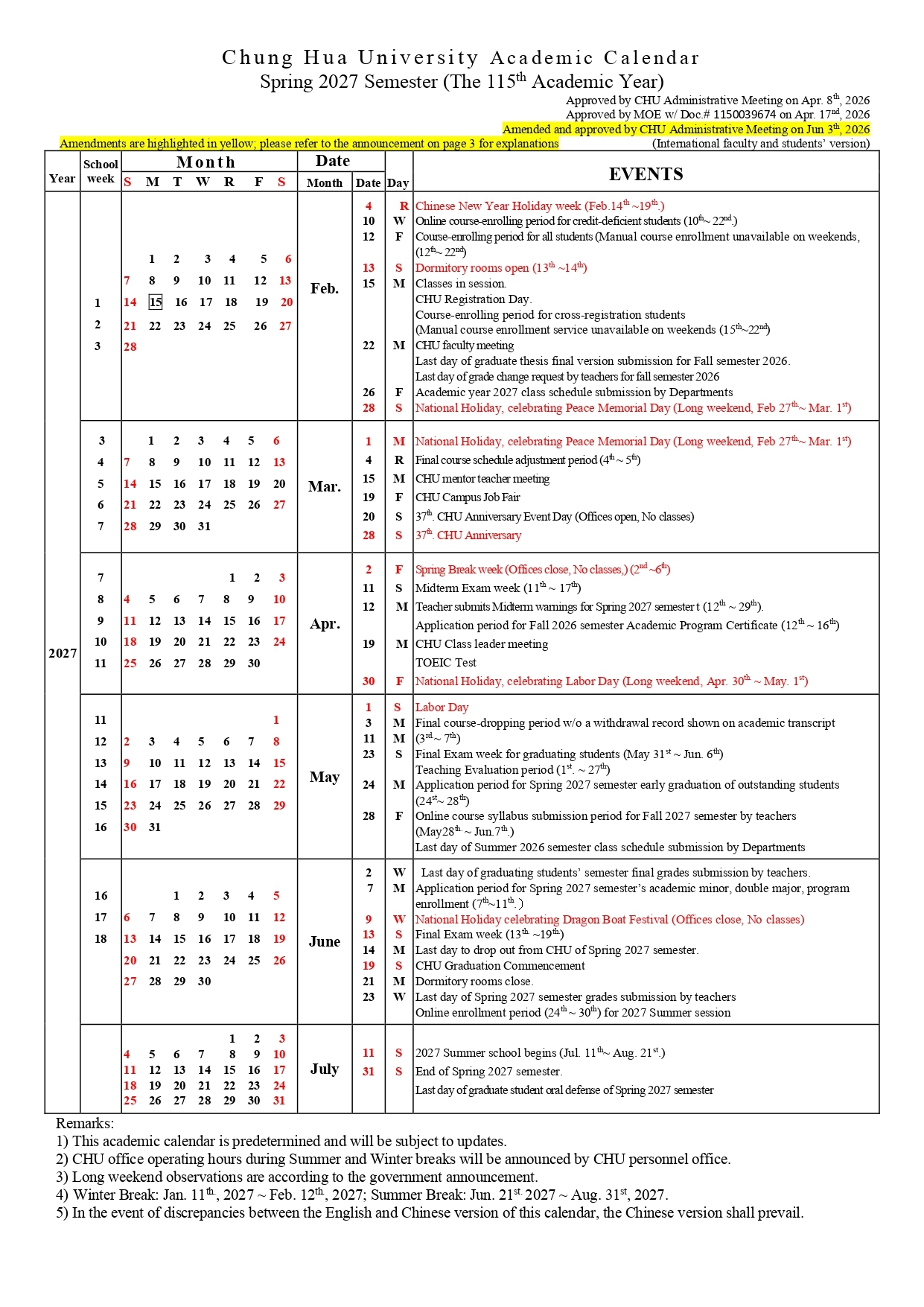 Chung Hua University Academic Calendar Spring 2026