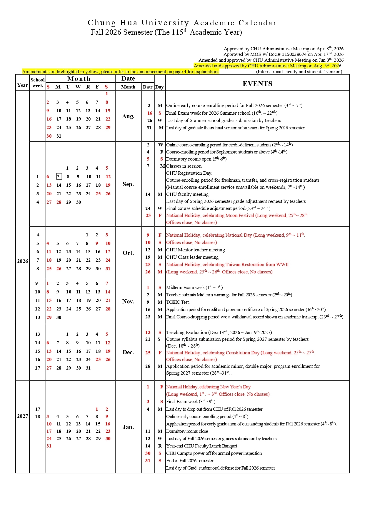 Chung Hua University Academic Calendar Fall 2026