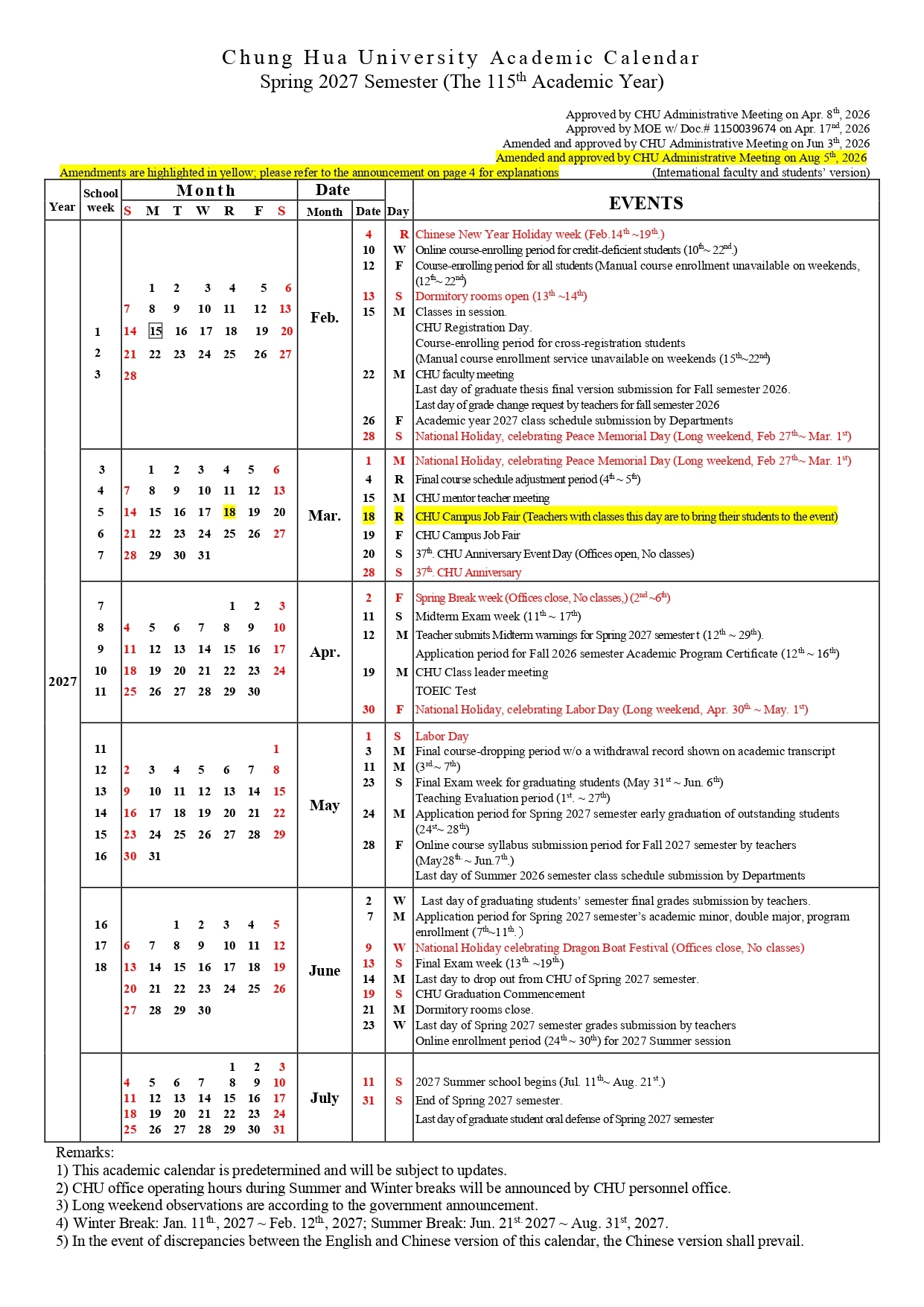 Chung Hua University Academic Calendar Spring 2026