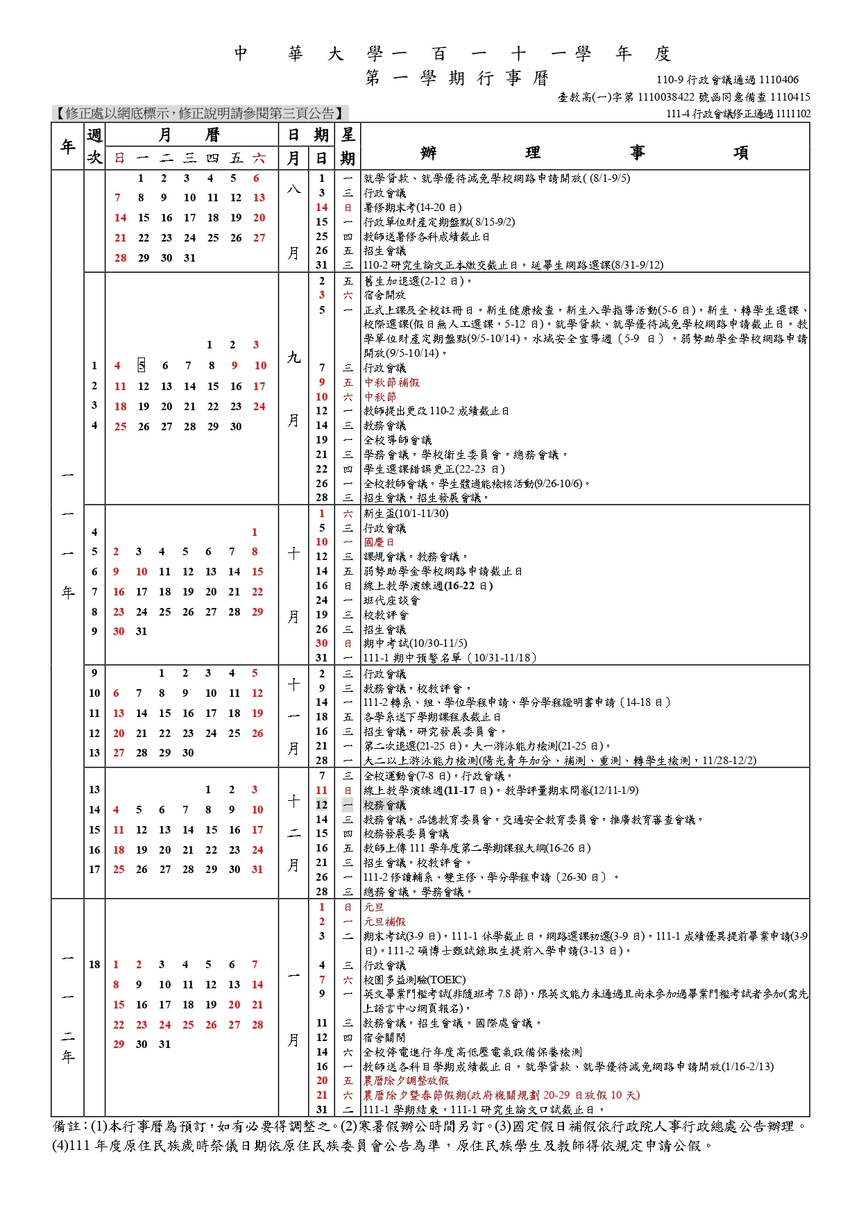 中華大學111學年度行事曆